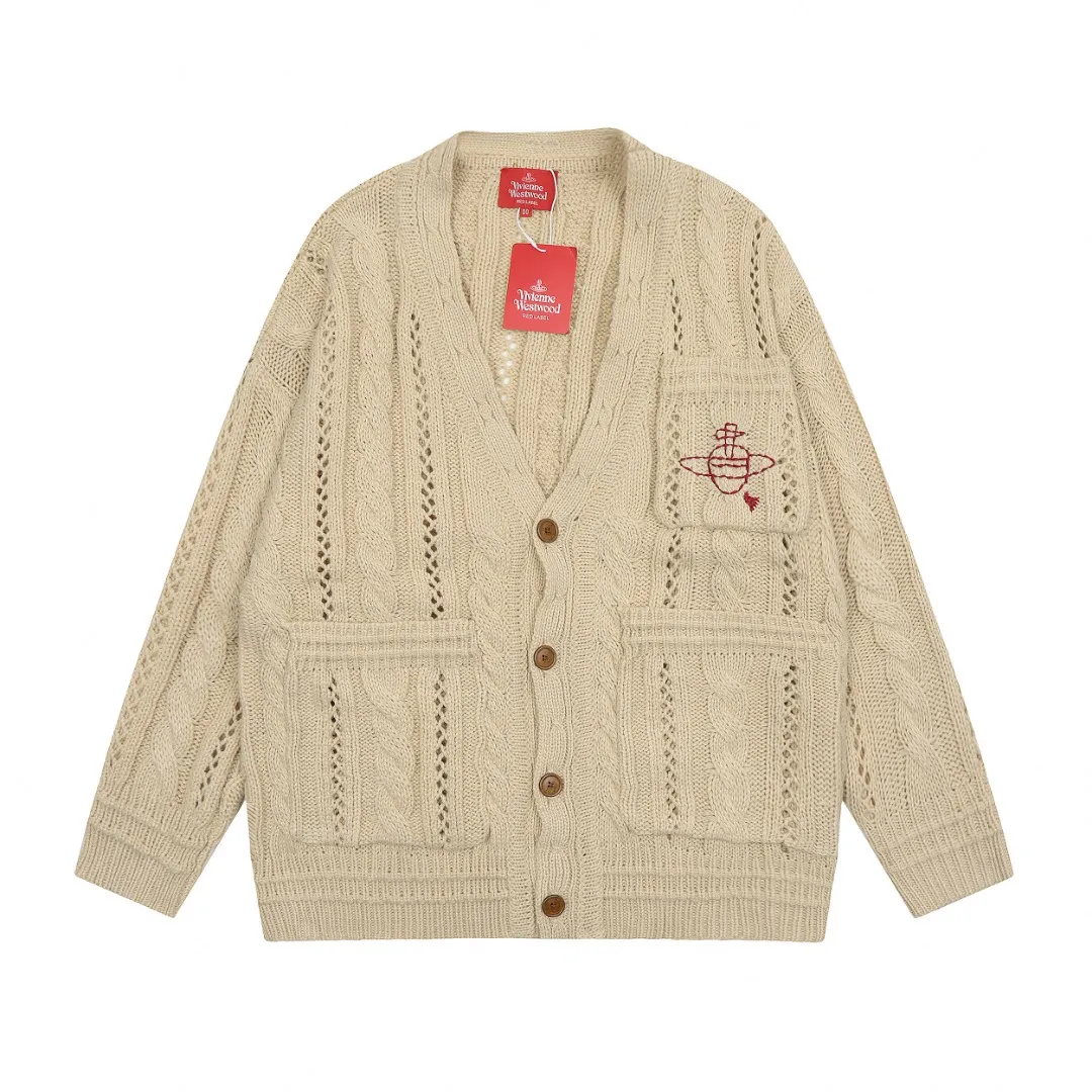 vivienne west wood West Queen Vivian Saturn New Retro "Unisex" Hollow Knitted Sweater Wool Cardigan 2024 Spring Latest Style Size: S -M- L Color: Apricot Black